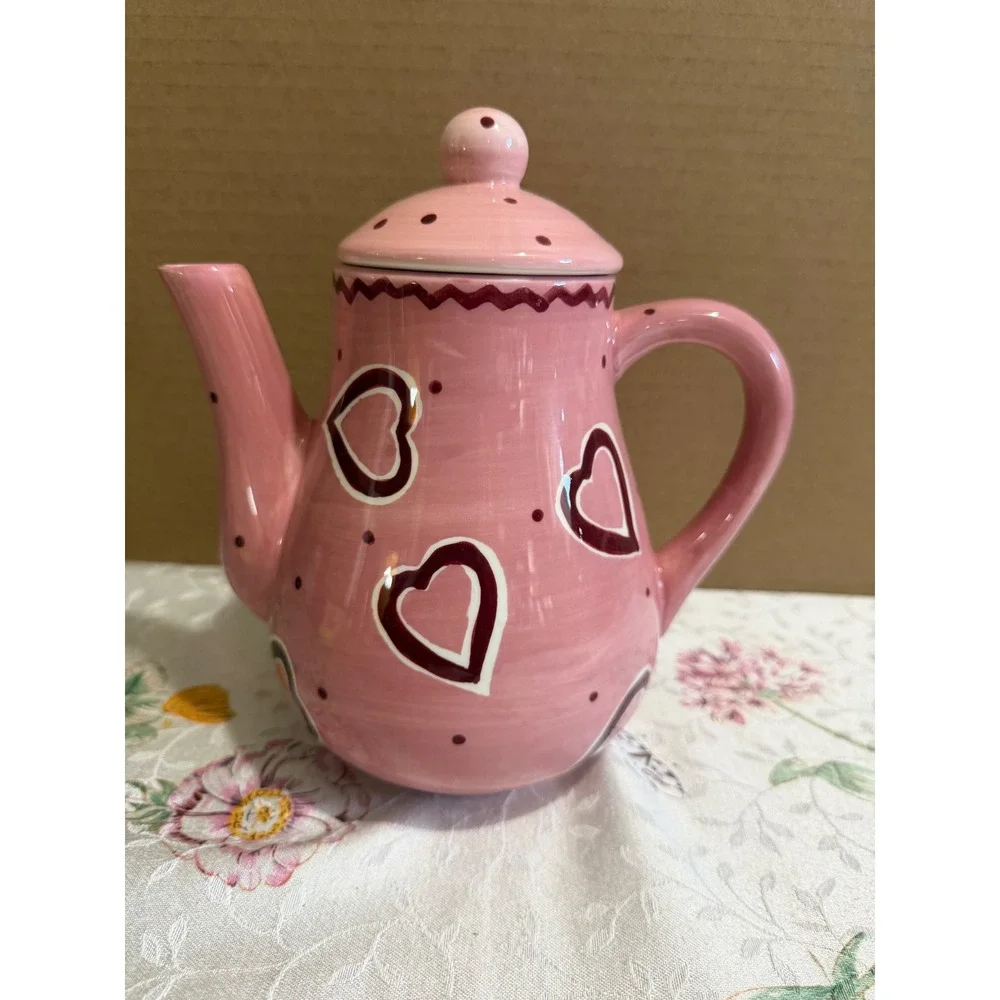 Laurie Gates Pink Heart Polka Dot Ceramic Teapot with Lid Hand Painted